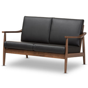 Baxton Studio Baxton Venza Mid-Century Modern Loveseat in Walnut & Black Faux Leather - Stylish Compact Seating Venza-Black/Walnut Brown-LS