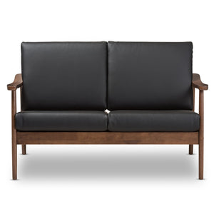 Baxton Studio Baxton Venza Mid-Century Modern Loveseat in Walnut & Black Faux Leather - Stylish Compact Seating Venza-Black/Walnut Brown-LS