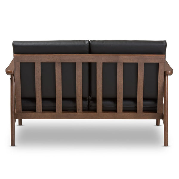 Baxton Studio Baxton Venza Mid-Century Modern Loveseat in Walnut & Black Faux Leather - Stylish Compact Seating Venza-Black/Walnut Brown-LS