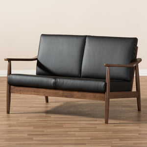 Baxton Studio Baxton Venza Mid-Century Modern Loveseat in Walnut & Black Faux Leather - Stylish Compact Seating Venza-Black/Walnut Brown-LS
