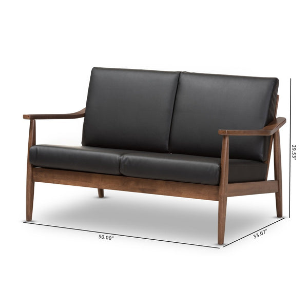 Baxton Studio Baxton Venza Mid-Century Modern Loveseat in Walnut & Black Faux Leather - Stylish Compact Seating Venza-Black/Walnut Brown-LS