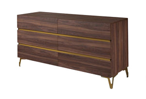 VIG Furniture Calabria Walnut Dresser With Gold Accents — 6 Smooth-Glide Drawers, Matte Laminate, Italian Craftsmanship VGACCALABRIA-DRS