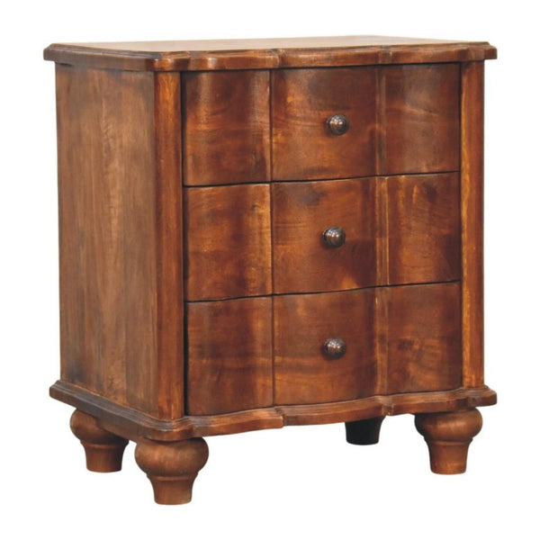 25 Inch Chestnut Solid Wood Nightstand with Three Drawers for Bedroom Storage