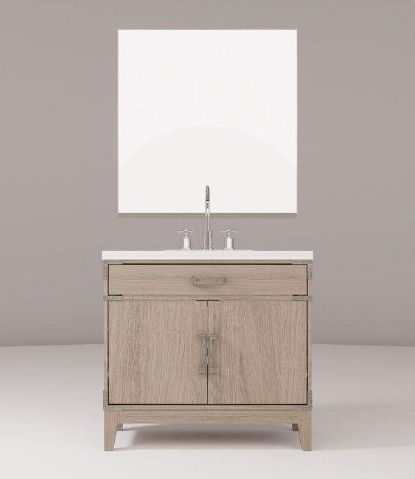 English Elm Grey Oak Single Bath Vanity with White Quartz Top, Chrome Faucet & 34" Mirror — Durable Wood Finish B2731S02012