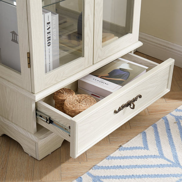 English Elm Lighted Glass Curio Cabinet - Elegant 2-Door Display With Adjustable Shelves & Integrated Lighting, White Finish W1758P300115