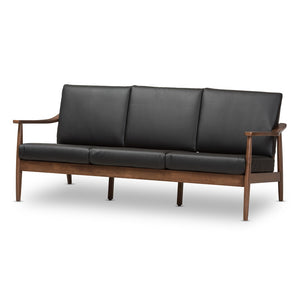 Baxton Studio Baxton Venza Mid-Century Modern Sofa in Walnut Wood with Black Faux Leather for Stylish Comfort Venza-Black/Walnut Brown-SF
