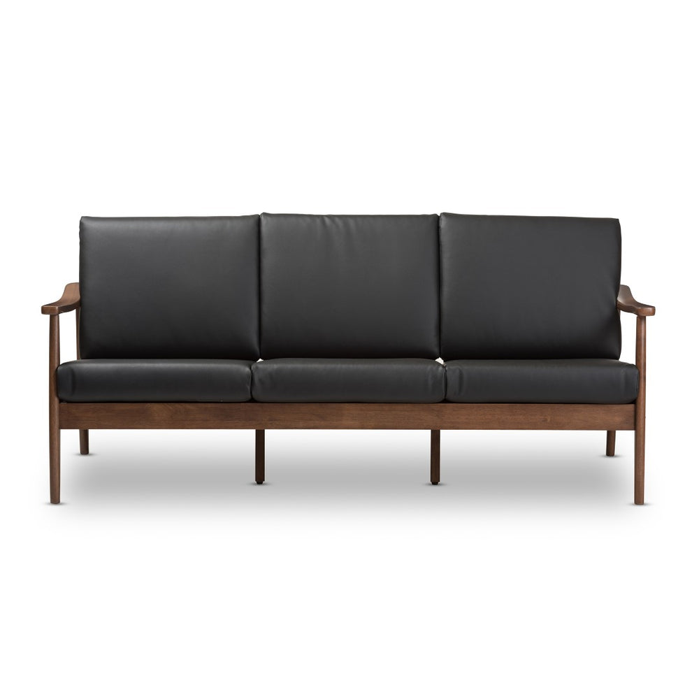 Baxton Studio Baxton Venza Mid-Century Modern Sofa in Walnut Wood with Black Faux Leather for Stylish Comfort Venza-Black/Walnut Brown-SF