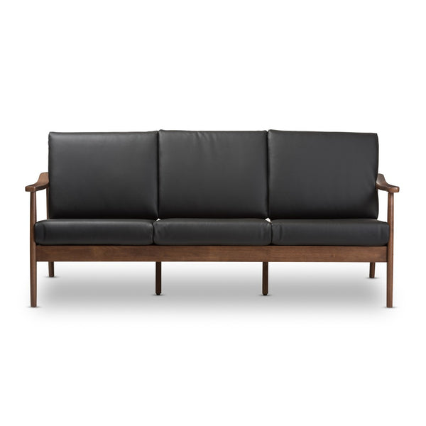 Baxton Studio Baxton Venza Mid-Century Modern Sofa in Walnut Wood with Black Faux Leather for Stylish Comfort Venza-Black/Walnut Brown-SF