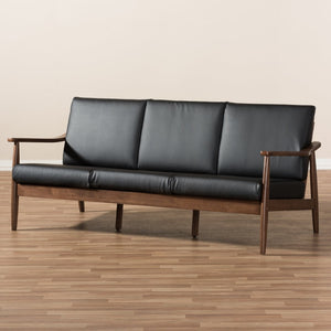 Baxton Studio Baxton Venza Mid-Century Modern Sofa in Walnut Wood with Black Faux Leather for Stylish Comfort Venza-Black/Walnut Brown-SF