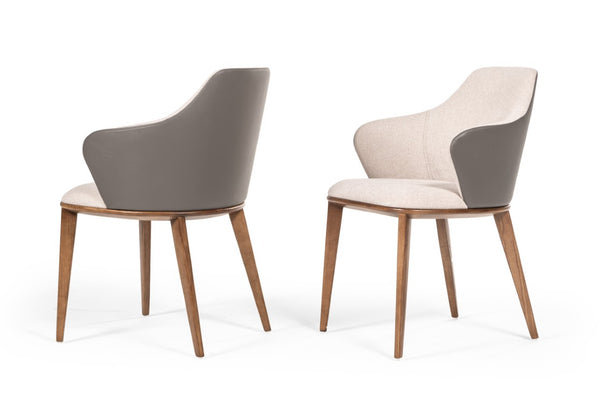 VIG Furniture Rackham Mid-Century Walnut Dining Set With Smoked Glass Round Table & 4 Beige Fabric Chairs VGBB-RACKHAM-SET