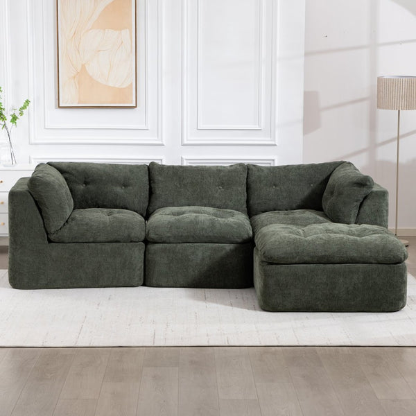 English Elm Modern Chenille Cloud Sectional with Ottoman Deep Sink Modular L Shaped Living Room Sofa Blackish Green W2379S00002