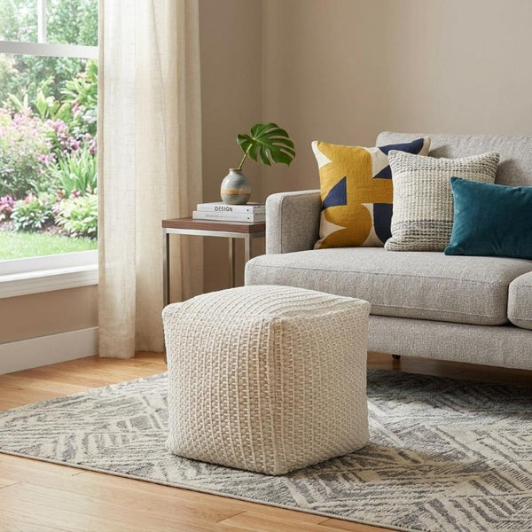 HomeRoots 18 Inch Square Cotton Blend Cube Pouf Ottoman Bohemian Floor Seat for Living Spaces Off-White 755493