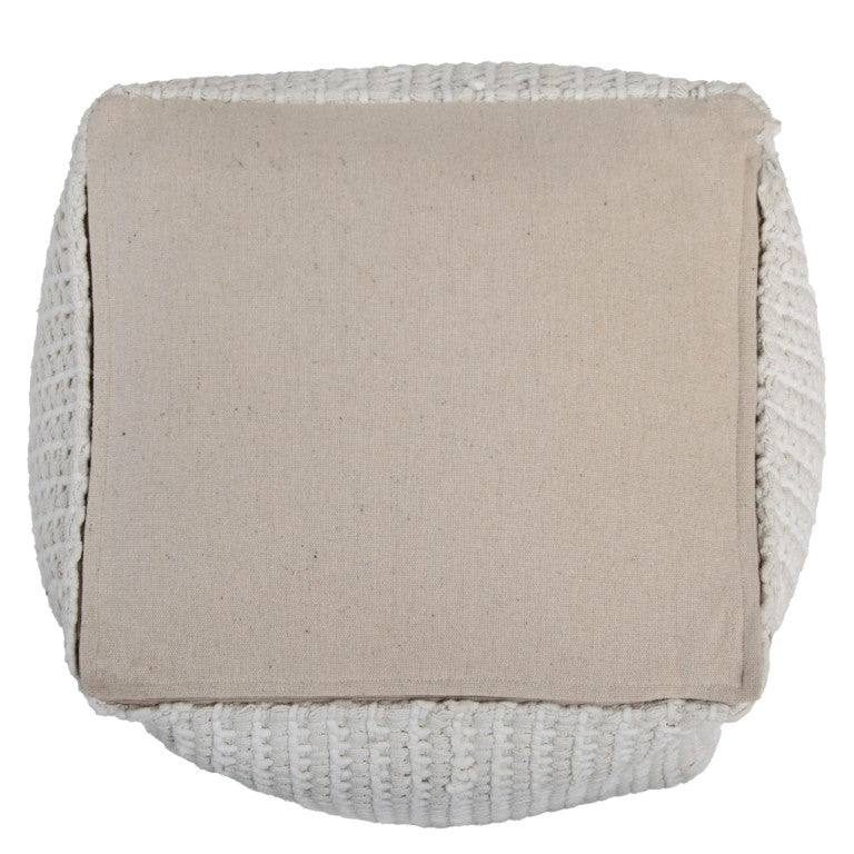 HomeRoots 18 Inch Square Cotton Blend Cube Pouf Ottoman Bohemian Floor Seat for Living Spaces Off-White 755493
