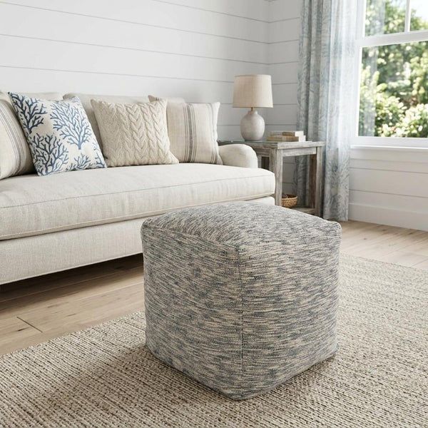 18 Inch Square Cotton Blend Striped Cube Pouf Ottoman for Bohemian Living Room Seating
