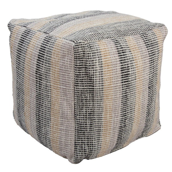 HomeRoots 18 Inch Square Cotton Blend Striped Cube Pouf Ottoman for Bohemian Living Room Seating Beige / Black 755495