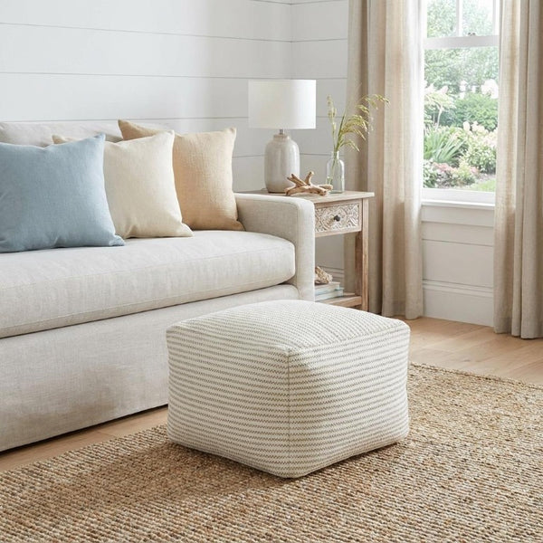18 Inch Square Cotton Blend Striped Cube Pouf Ottoman for Bohemian Living Room Seating