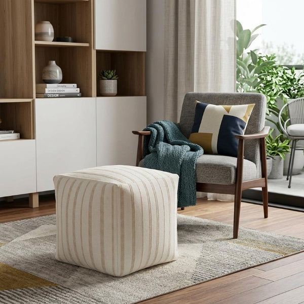 18 Inch Square Cotton Blend Striped Cube Pouf Ottoman for Bohemian Living Room Seating