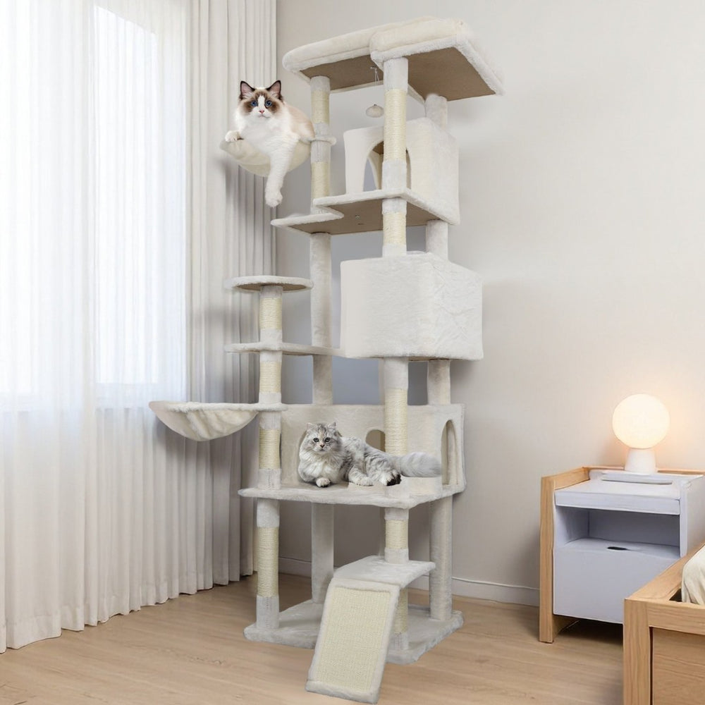 English Elm 84 Inch Tall Multi Cat Tower with Sisal Posts Hammock Triple Condos and Top Perch W243P382891