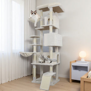 English Elm 84 Inch Tall Multi Cat Tower with Sisal Posts Hammock Triple Condos and Top Perch W243P382891