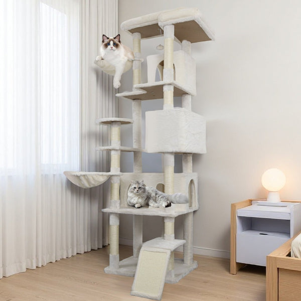 English Elm 84 Inch Tall Multi Cat Tower with Sisal Posts Hammock Triple Condos and Top Perch W243P382891