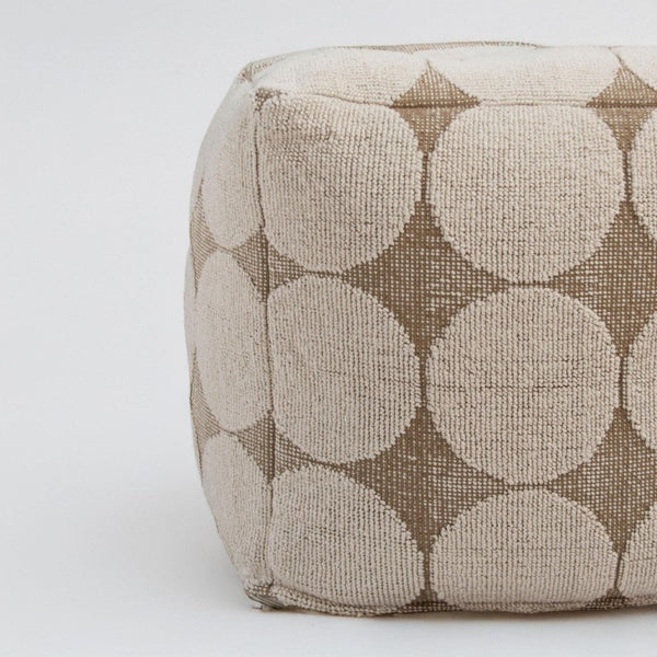 18 Inch Woven Cotton Blend Geometric Pouf for Boho Living Rooms Neutral Tones