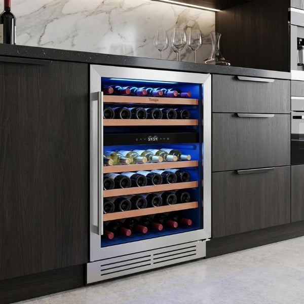 32 Inch Dual Zone Wine Cooler in Sleek Metal with Two Independent Cooling Chambers