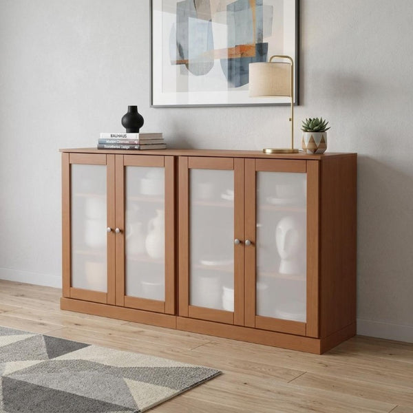 64 Inch Solid Wood Buffet Sideboard with Glass Front Doors for Dining Room Storage