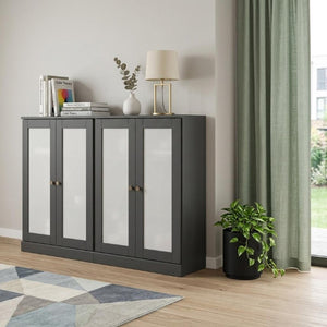 64 Inch Solid Wood Buffet Sideboard with Four Glass Panel Doors for Elegant Dining Storage