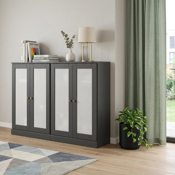 64 Inch Solid Wood Buffet Sideboard with Four Glass Panel Doors for Elegant Dining Storage