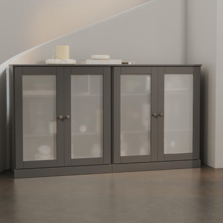 64 Inch Solid Wood Buffet Sideboard with Four Glass Panel Doors for Elegant Dining Storage