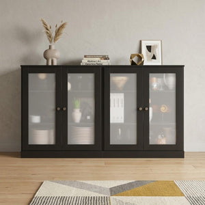 64 Inch Solid Wood Buffet Sideboard with Four Glass Panel Doors for Elegant Dining Storage