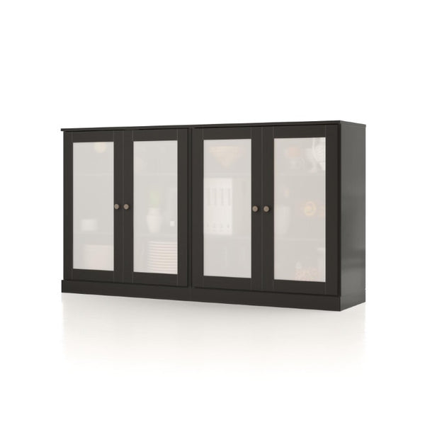 64 Inch Solid Wood Buffet Sideboard with Four Glass Panel Doors for Elegant Dining Storage