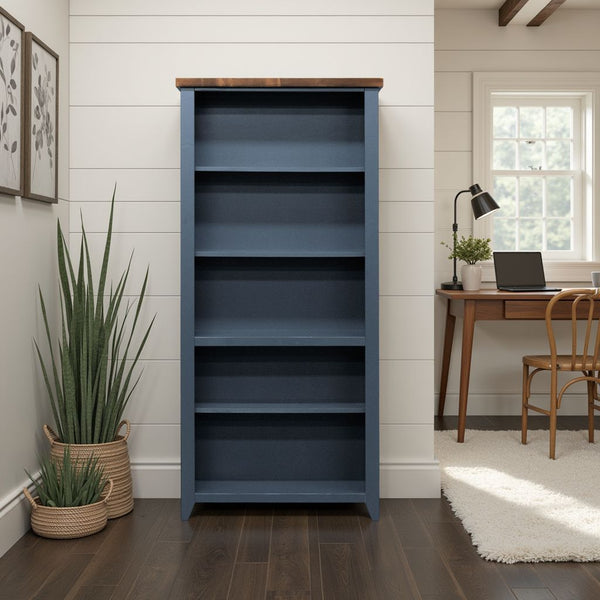 English Elm 72 72-inch High 5-Shelf Bookcase Blue Denim & Whiskey Finish Fully Assembled Modern Farmhouse Charm B108P160180