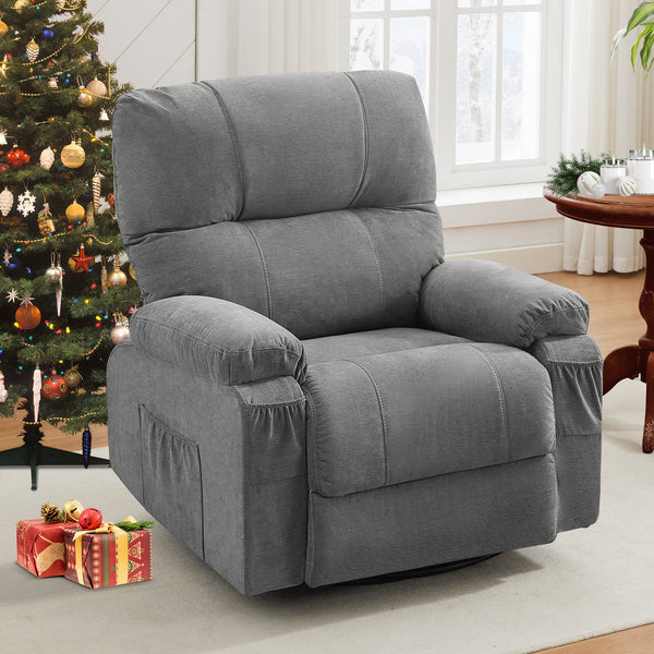 English Elm Recliner Grey 360° Swivel Rocking Lounge Chair with Thick Cushions, Arm Pockets & 330lb Metal Frame W1521P265833