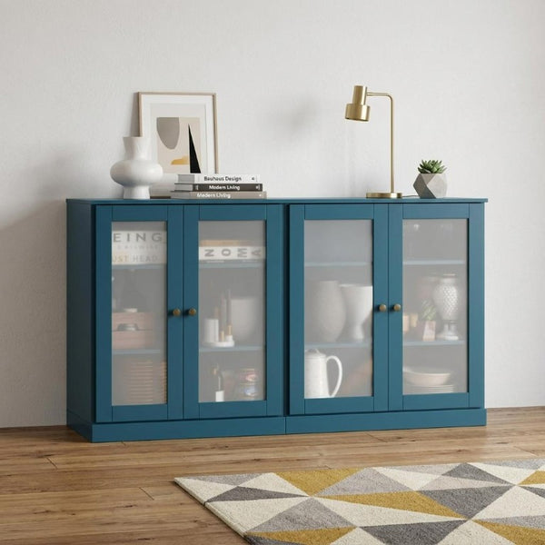 64 Inch Solid Wood Buffet Sideboard with Four Glass Panel Doors for Elegant Dining Storage