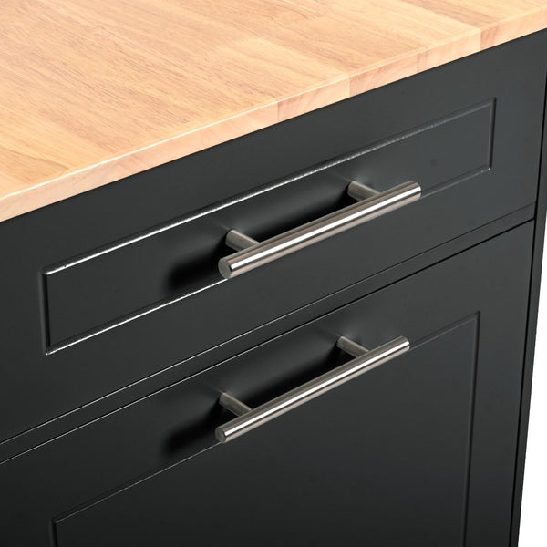 English Elm K&k Rolling Kitchen Island Rubber Wood Top Fluted Cabinet Built-in Charging Station Black N707S221571B