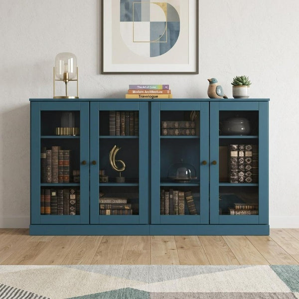 64 Inch Solid Wood Buffet Sideboard with Four Glass Panel Doors for Elegant Dining Storage