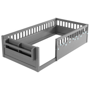English Elm Twin Montessori Floor Bed Frame with High Rails and Built-In Light Shelf for Safe Independent Sleep Grey 79.13 L x 13 W x 6.3 H W2593P333797