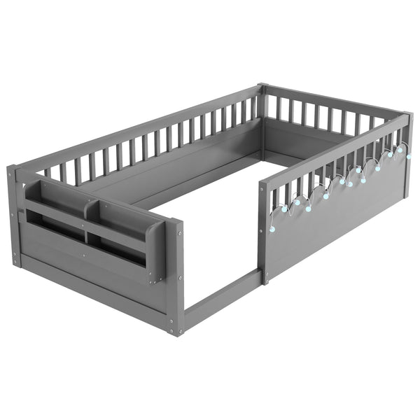 English Elm Twin Montessori Floor Bed Frame with High Rails and Built-In Light Shelf for Safe Independent Sleep Grey 79.13 L x 13 W x 6.3 H W2593P333797