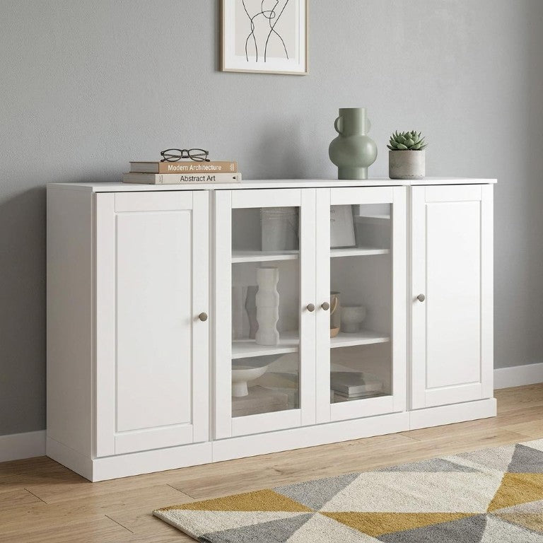 HomeRoots 65 Inch Solid Wood Sideboard with Four Glass Doors Elegant White Dining Storage Cabinet 755670