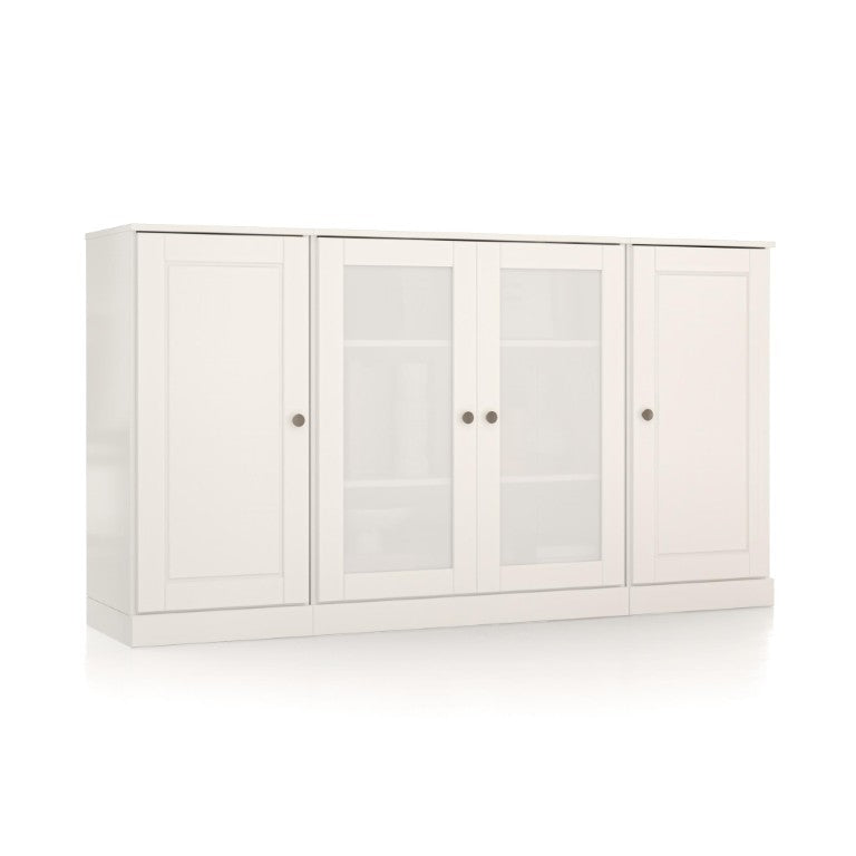 HomeRoots 65 Inch Solid Wood Sideboard with Four Glass Doors Elegant White Dining Storage Cabinet 755670