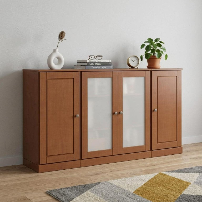 HomeRoots 65 Inch Solid Wood Sideboard Buffet with Four Glass Doors for Elegant Dining Rooms 755671