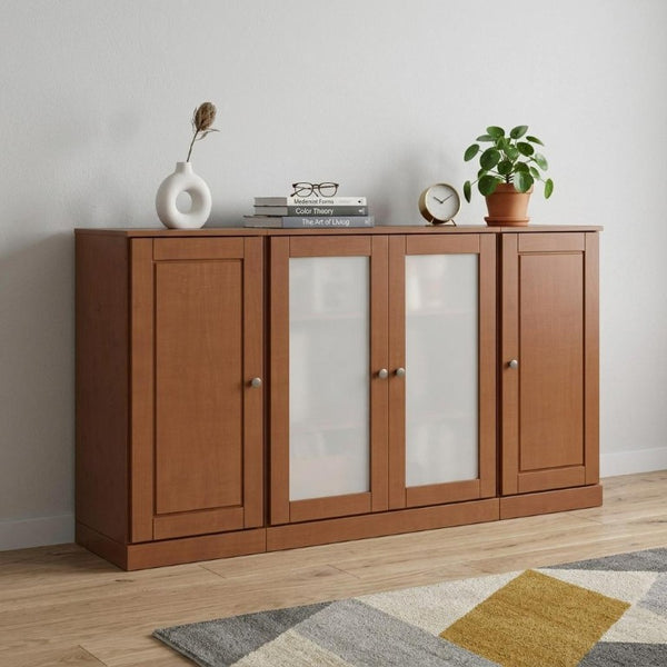 65 Inch Solid Wood Sideboard Buffet with Four Glass Doors for Elegant Dining Rooms