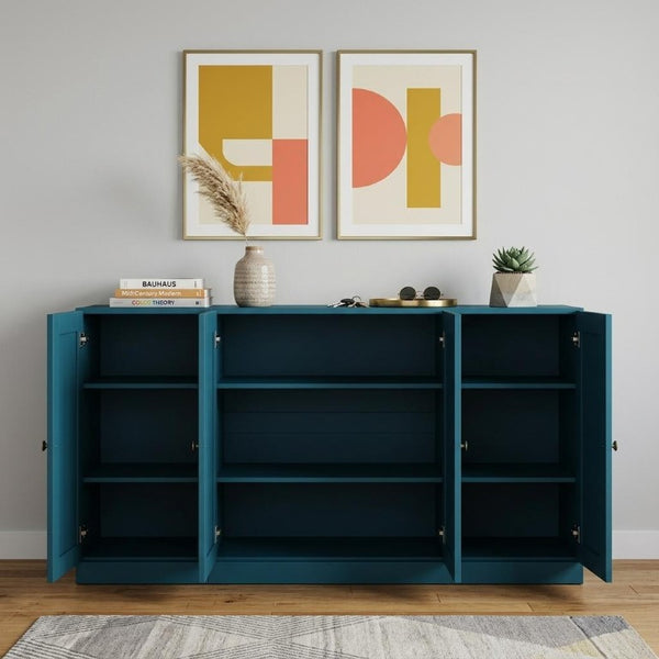 65 Inch Teal Solid Wood Buffet Sideboard with Four Glass Door Storage Cabinet