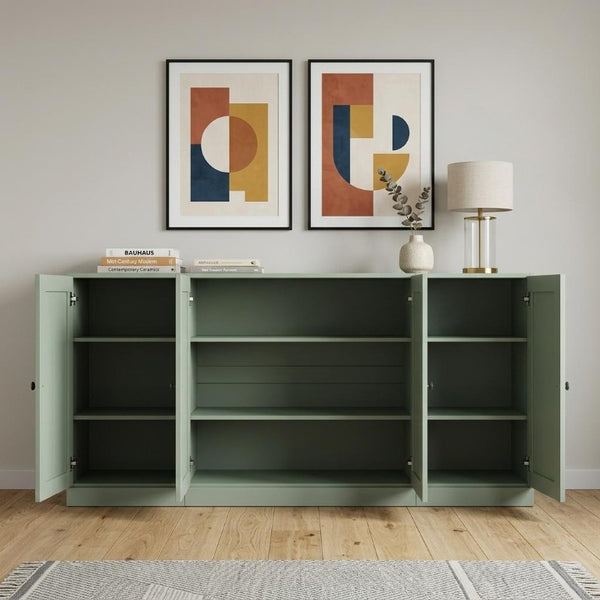 65 Inch Sage Solid Wood Buffet Sideboard with Four Glass Panel Doors for Dining Room