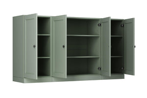 65 Inch Sage Solid Wood Buffet Sideboard with Four Glass Panel Doors for Dining Room