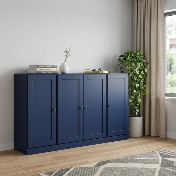 65 Inch Solid Wood Buffet Sideboard with Four Glass Doors Navy Dining Storage