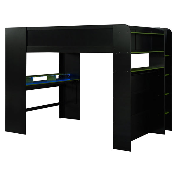 English Elm Full Size Gaming Bunk Bed with Rgb Lighting Integrated Desk Wardrobe and Storage Green LT100266AAG