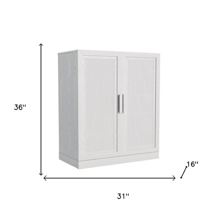 HomeRoots 31 Inch White Wood Accent Cabinet Inlaid Rattan Doors Bohemian Storage Piece 755765