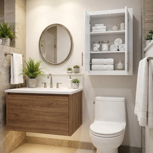 22 Inch Shaker White Wood Bathroom Wall Cabinet with Double Doors for Storage